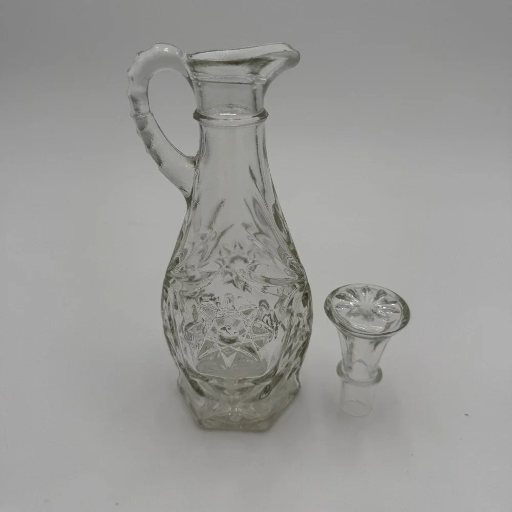 Vintage Starburst Pressed Glass Cruet with Stopper and Creamer Pitcher Set EUC‎